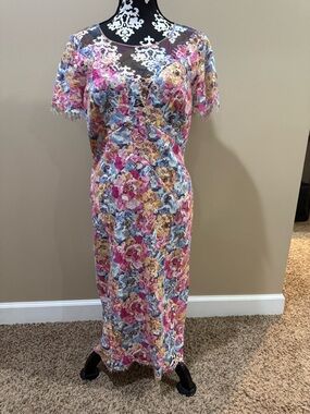 Rene Ruiz Floral Lace Appliqué Midi Dress in Pink, Blue & Yellow